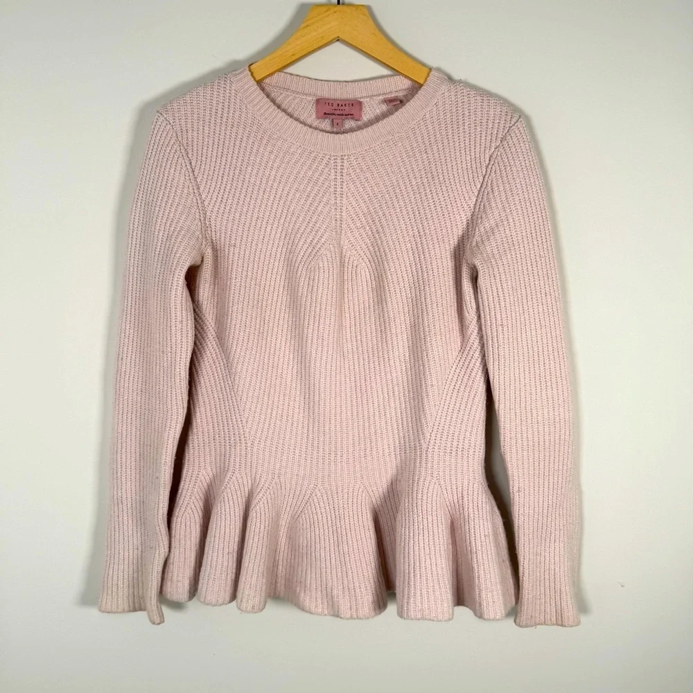 Ted Baker London Wool Blend Knit Peplum Pullover Sweater Shirt Blush Pink Size 2